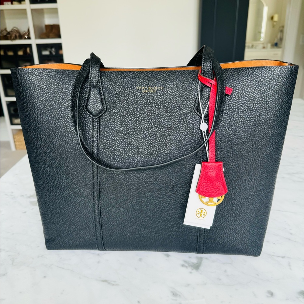 Brand New Tory Burch Perry Triple-Compartment Tote Bag Black Leather